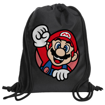 Super mario win, Τσάντα πλάτης πουγκί GYMBAG Μαύρη, με τσέπη (40x48cm) & χονδρά κορδόνια