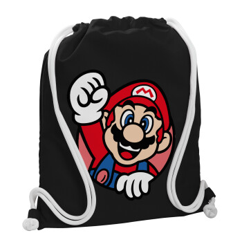 Super mario win, Τσάντα πλάτης πουγκί GYMBAG Μαύρη, με τσέπη (40x48cm) & χονδρά λευκά κορδόνια