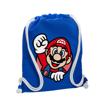 Super mario win, Backpack pouch GYMBAG Blue, with pocket (40x48cm) & thick cords
