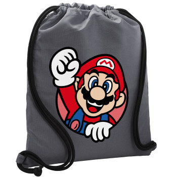 Super mario win, Τσάντα πλάτης πουγκί GYMBAG ΓΚΡΙ, με τσέπη (40x48cm) & χονδρά κορδόνια