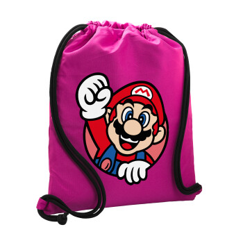 Super mario win, Backpack pouch GYMBAG Fuchsia, with pocket (40x48cm) & thick cords
