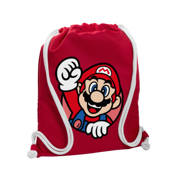 Super mario win, Τσάντα πλάτης πουγκί GYMBAG Κόκκινη, με τσέπη (40x48cm) & χονδρά κορδόνια