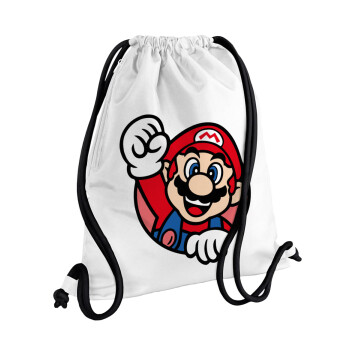 Super mario win, Backpack pouch GYMBAG white, with pocket (40x48cm) & thick cords