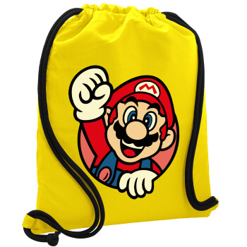 Super mario win, Τσάντα πλάτης πουγκί GYMBAG Κίτρινη, με τσέπη (40x48cm) & χονδρά κορδόνια