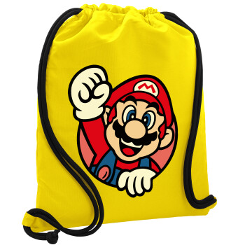 Super mario win, Backpack pouch GYMBAG Yellow, with pocket (40x48cm) & thick cords
