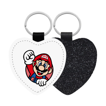 Super mario win, Μπρελόκ PU δερμάτινο glitter καρδιά ΜΑΥΡΟ