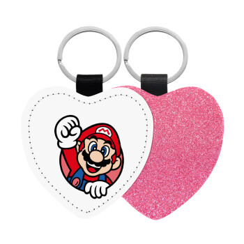 Super mario win, Μπρελόκ PU δερμάτινο glitter καρδιά ΡΟΖ