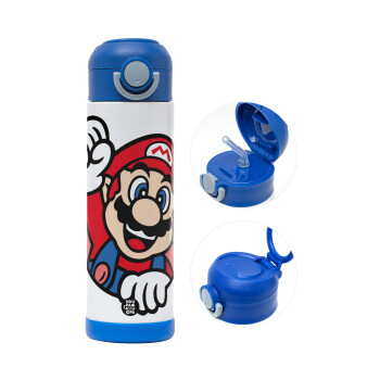 Super mario win, Children's hot water bottle, stainless steel, with safety straw, BLUE (500ml)