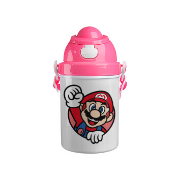 Super mario win, Ροζ παιδικό παγούρι πλαστικό (BPA-FREE) με καπάκι ασφαλείας, κορδόνι και καλαμάκι, 400ml