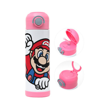 Super mario win, Children's hot water bottle, stainless steel, with safety straw, PINK (500ml)