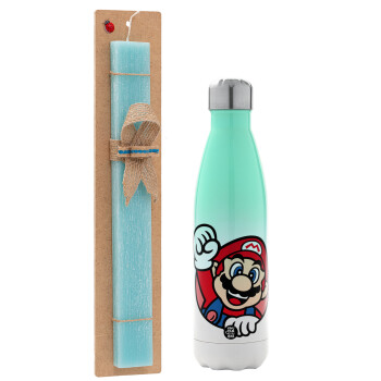 Super mario win, Easter Set, Metallic green/white thermos (Stainless steel), double-walled, 500ml & scented flat Easter candle (30cm) (TURQUOISE)
