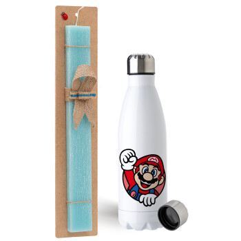 Super mario win, Easter Set, metallic stainless steel water bottle (750ml) & aromatic flat Easter candle (30cm) (TURQUOISE)