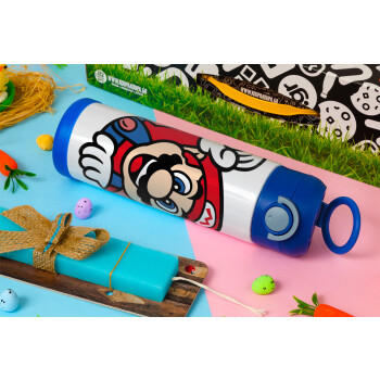 Super mario win, Easter candle, Childrens hot water bottle, stainless steel, with safety straw, BLUE (500ml)