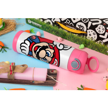 Super mario win, Easter candle, Childrens hot water bottle, stainless steel, with safety straw, PINK (500ml)