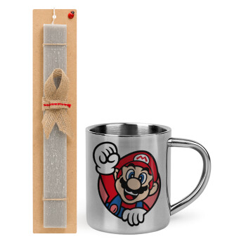 Super mario win, Easter Set, metallic thermal cup (300ml) & Easter aromatic flat candle (30cm) (GRAY)