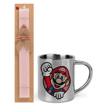 Super mario win, Easter Set, metallic thermal cup (300ml) & aromatic flat Easter candle (30cm) (PINK)
