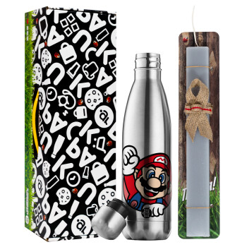 Super mario win, Easter Set, metallic stainless thermos flask (500ml) & scented flat Easter candle (30cm) (GRAY)
