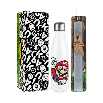 Super mario win, Easter candle, metallic white thermos bottle (500ml) & aromatic flat candle (30cm) (GRAY)