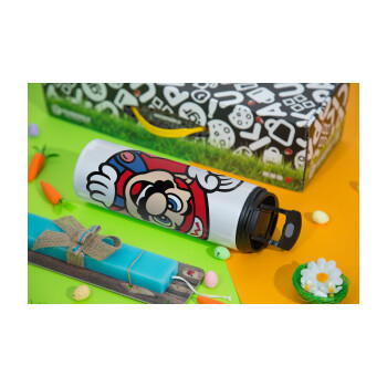 Super mario win, Πασχαλινή Λαμπάδα με Travel Tumbler θερμό με διπλό καπάκι (600ml, BPA free) & κερί αρωματικό πλακέ (30cm) (ΤΙΡΚΟΥΑΖ)