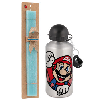 Super mario win, Easter Set, metallic silver aluminum water bottle (500ml) & scented flat Easter candle (30cm) (TURQUOISE)