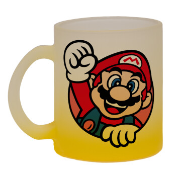 Super mario win, Κούπα γυάλινη δίχρωμη με βάση το κίτρινο ματ, 330ml