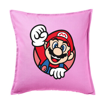 Super mario win, Μαξιλάρι καναπέ ΡΟΖ 100% βαμβάκι, περιέχεται το γέμισμα (50x50cm)