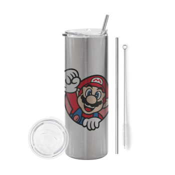 Super mario win, Tumbler stainless steel Silver 600ml, with metal straw & cleaning brush