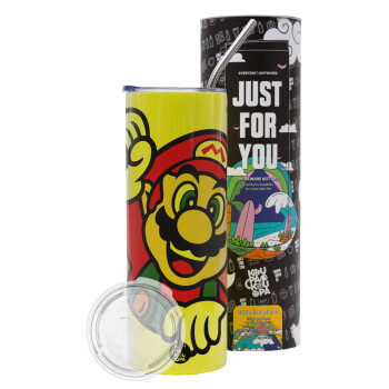 Super mario win, Neon Yellow Travel Tumbler, with metal straw (Stainless steel 304 Food grade, BPA free, 600ml)