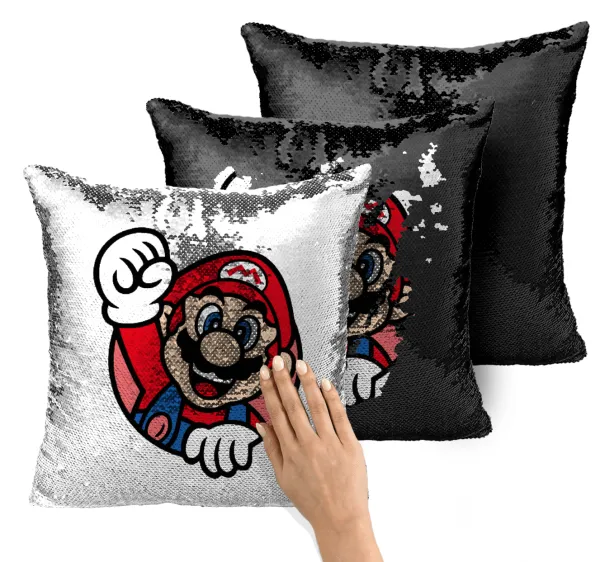 Super mario win — Magic sofa cushion with black sequins, 40x40cm, filling included