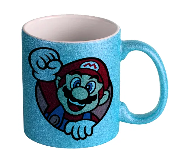 Super mario win — Light blue glitter mug that sparkles, ceramic, 330ml