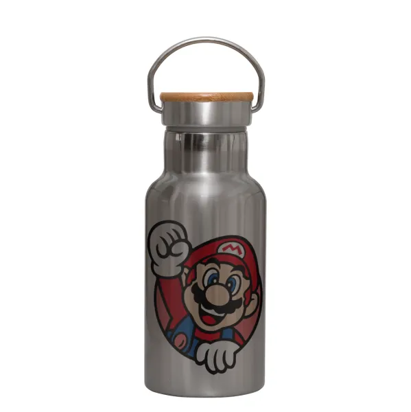 Super mario win — Stainless steel metallic thermos flask, silver with a bamboo lid, double-walled, 350ml.