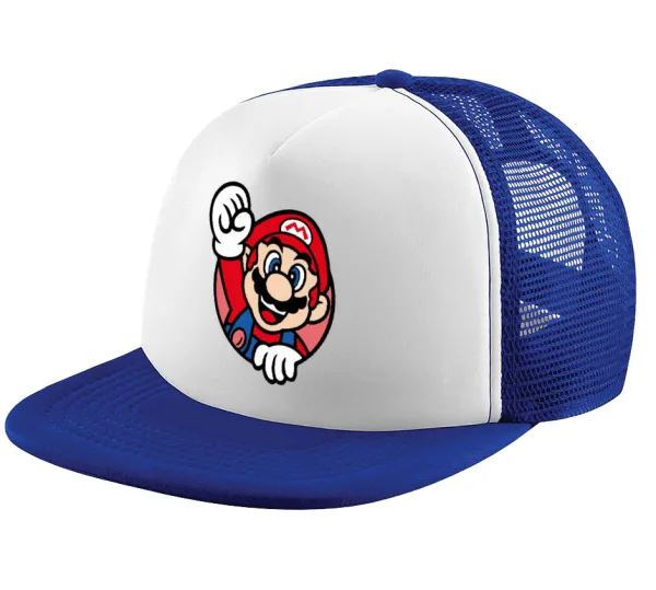 Super mario win — Adult Soft Trucker Hat with Blue/White Mesh (POLYESTER, ADULT, UNISEX, ONE SIZE)