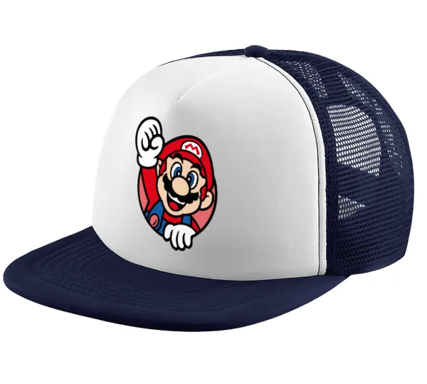 Super mario win — Adult Soft Trucker Hat with Dark Blue/White Mesh (POLYESTER, ADULT, UNISEX, ONE SIZE)