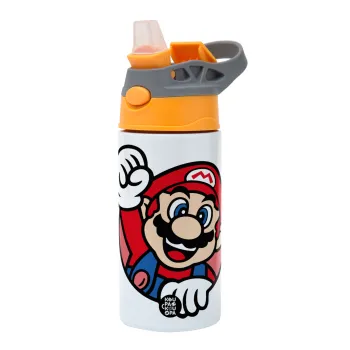 Super mario win, Children's hot water bottle, stainless steel, with safety straw, Orange/Grey (360ml) BPA-FREE