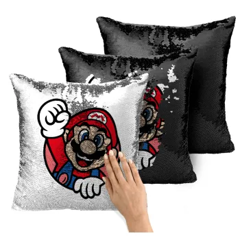 Super mario win, Μαξιλάρι καναπέ Μαγικό Μαύρο με πούλιες 40x40cm περιέχεται το γέμισμα