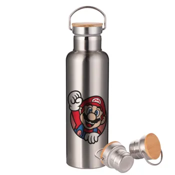 Super mario win, Μεταλλικό παγούρι θερμός (Stainless steel) Ασημένιο με ξύλινο καπακι (bamboo), διπλού τοιχώματος, 750ml