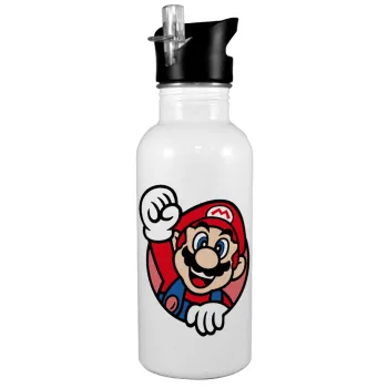 Super mario win, Παγούρι νερού Λευκό με καλαμάκι, ανοξείδωτο ατσάλι 600ml