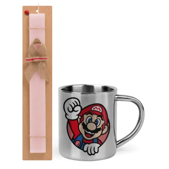 Super mario win, Πασχαλινή Λαμπάδα με μεταλλική κούπα θερμό (300ml) & κερί αρωματικό πλακέ (30cm) (ΡΟΖ)