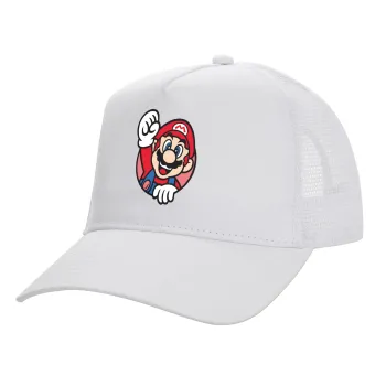 Super mario win, Structured Trucker Adult Hat, with Mesh, WHITE (100% COTTON, ADULT, UNISEX, ONE SIZE)