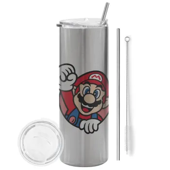 Super mario win, Tumbler ποτήρι θερμό Ασημένιο από ανοξείδωτο ατσάλι 600ml, με μεταλλικό καλαμάκι & βούρτσα καθαρισμού