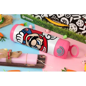 Super mario win, Easter candle, Childrens hot water bottle, stainless steel, with safety straw, PINK (500ml)