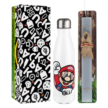 Super mario win, Easter candle, metallic white thermos bottle (500ml) & aromatic flat candle (30cm) (GRAY)