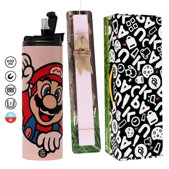 Super mario win, Easter candle,Travel Tumbler 2 Lids, with metal straw & cleaning brush & aromatic flat candle (30cm) (PINK)