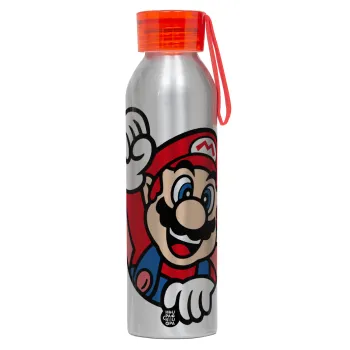 Super mario win, Αλουμινένιο Αθλητικό Μπουκάλι 650ml – Ασημί με Κόκκινο Καπάκι και Λουράκι Σιλικόνης