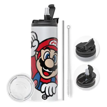 Super mario win, Travel Tumbler θερμό με διπλό καπάκι, μεταλλικό καλαμάκι και βούρτσα καθαρισμού (Ανωξείδωτο 304 Food grade, BPA free, 600ml)