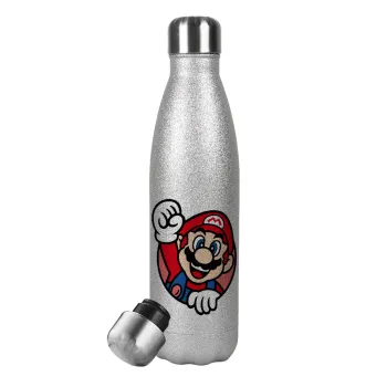 Super mario win, Μεταλλικό παγούρι θερμός Glitter Aσημένιο (Stainless steel), διπλού τοιχώματος, 500ml