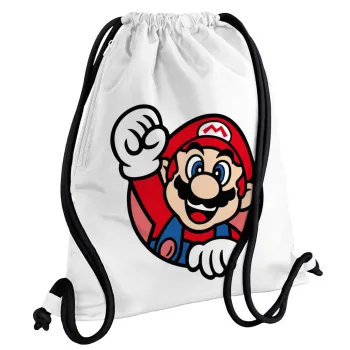 Super mario win, Τσάντα πλάτης πουγκί GYMBAG λευκή, με τσέπη (40x48cm) & χονδρά κορδόνια
