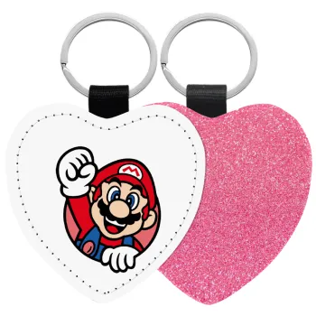 Super mario win, Μπρελόκ PU δερμάτινο glitter καρδιά ΡΟΖ