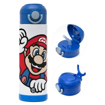 Super mario win, Παιδικό παγούρι θερμό, ανοξείδωτο, με καλαμάκι ασφαλείας, ΜΠΛΕ (500ml)