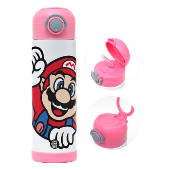 Super mario win, Children's hot water bottle, stainless steel, with safety straw, PINK (500ml)